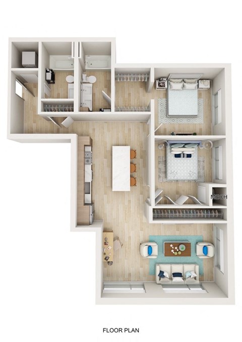 Floor plan for 2 beds, 2 baths, 1132 sqft